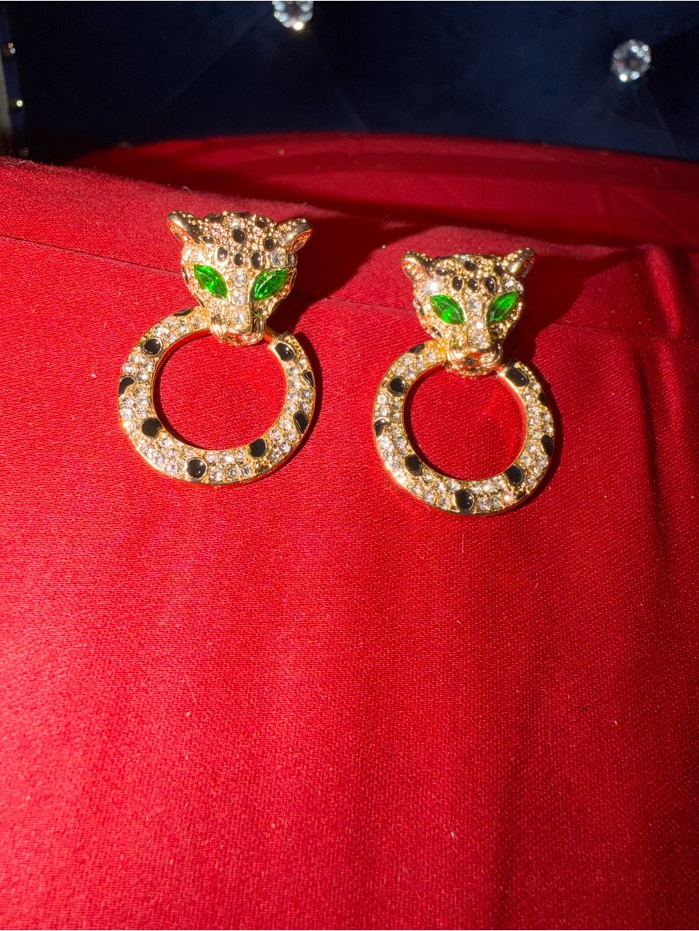 Gold Leopard Head Hoop Earrings with Green Eyes